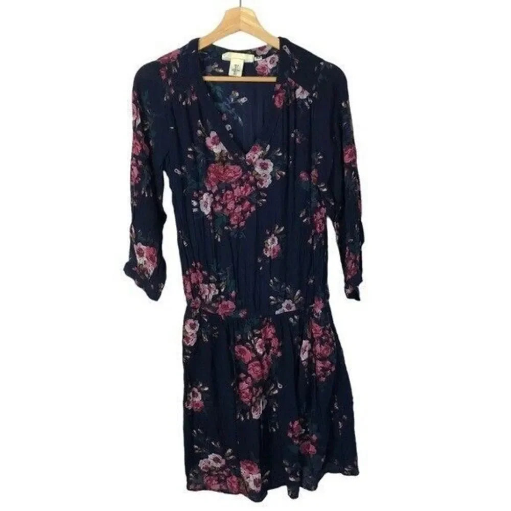 LOGG H&M Navy Blue Pink Floral Long Sleeve Mini Dress 4